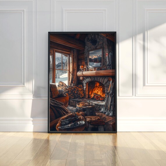 Cozy Winter Ski Cabin Fireplace Mountain View Illustration Poster