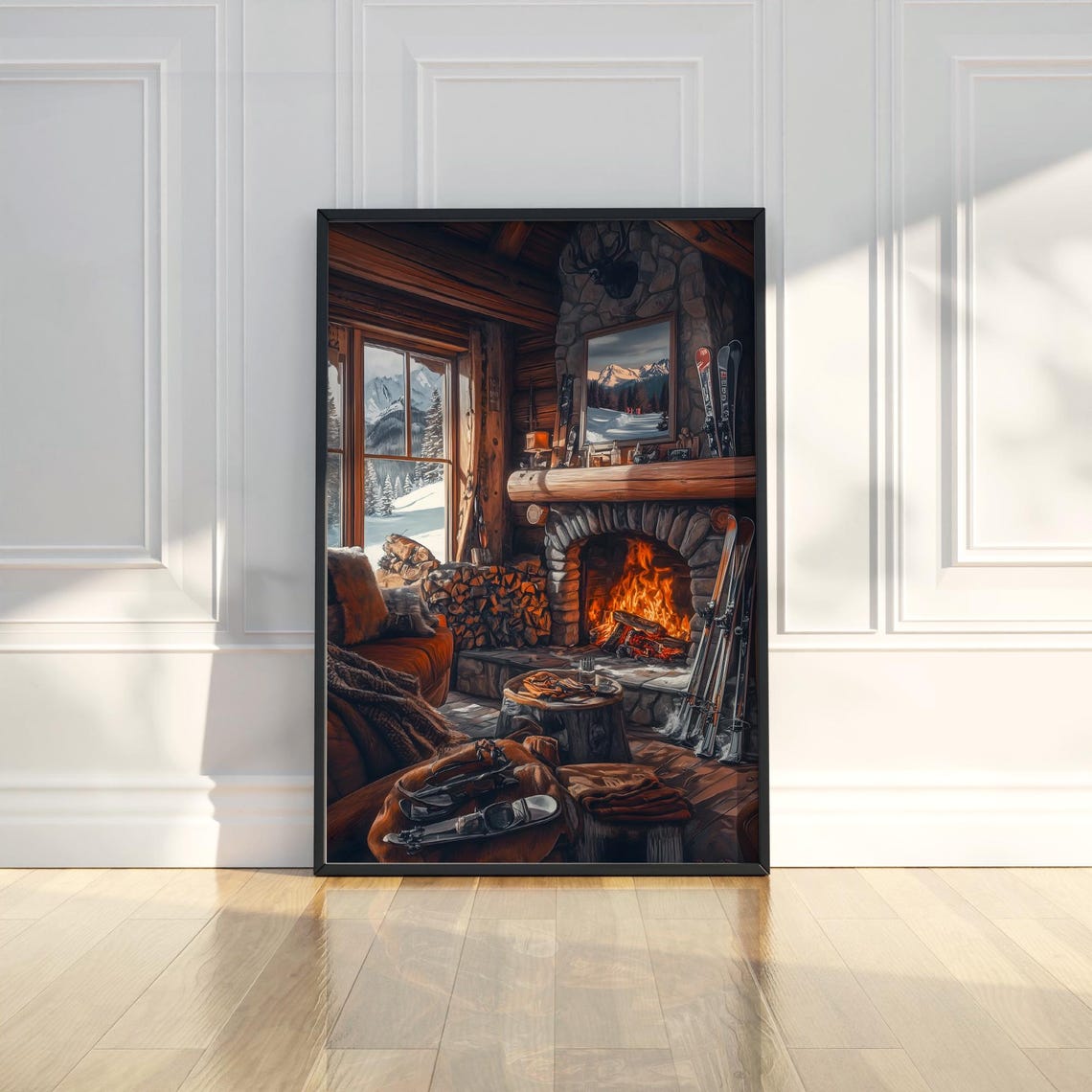Cozy Winter Ski Cabin Fireplace Mountain View Illustration Poster