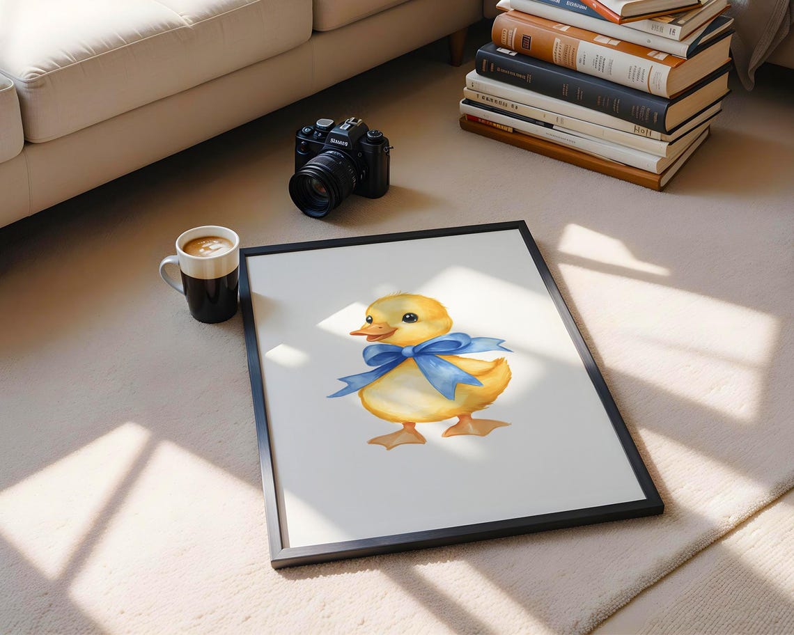 Yellow Duckling Blue Bow Watercolor Cute Baby Duck Nursery Art Poster - Image 3