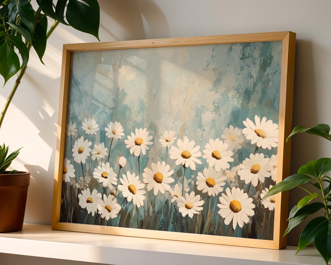 White Daisies Teal Textured Background Floral Oil Painting Poster - Image 5