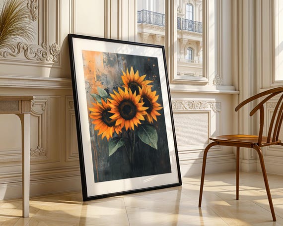 Bold Sunflower Bouquet Wall Art Print Grunge Background Rustic Floral Painting Modern Boho Home Living Room Kitchen Decor