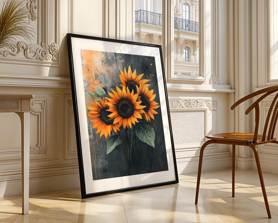 Bright Bold Sunflower Bouquet Rustic Grunge Floral Painting Poster