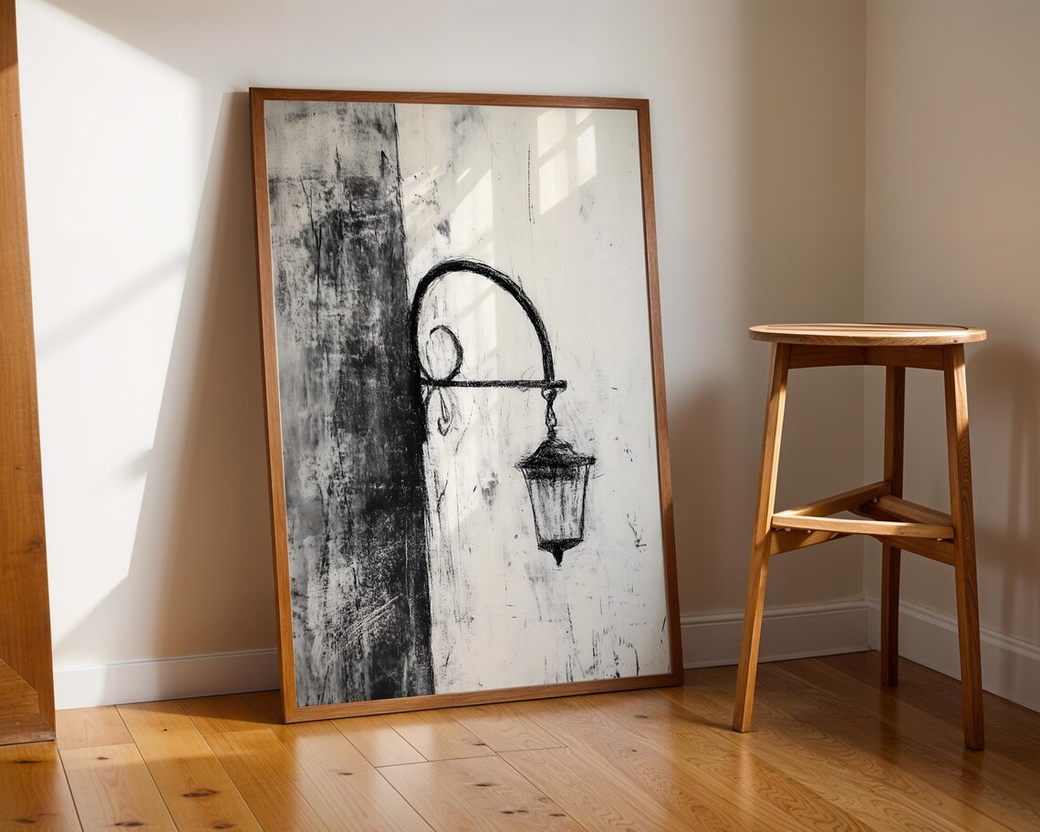 Vintage Street Lamp Charcoal Sketch Black and White Art Poster