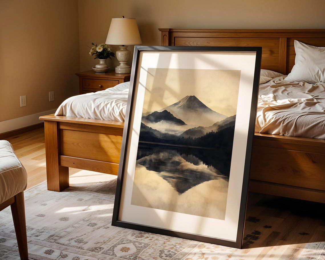 Serene Mount Fuji Misty Lake Reflection Ink Wash Painting Poster - Image 4