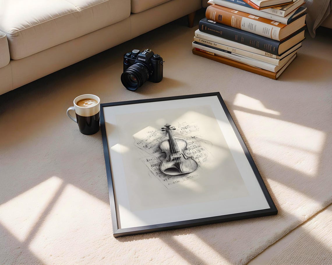 Violin And Sheet Music Pencil Sketch Classical Music Art Poster - Image 5