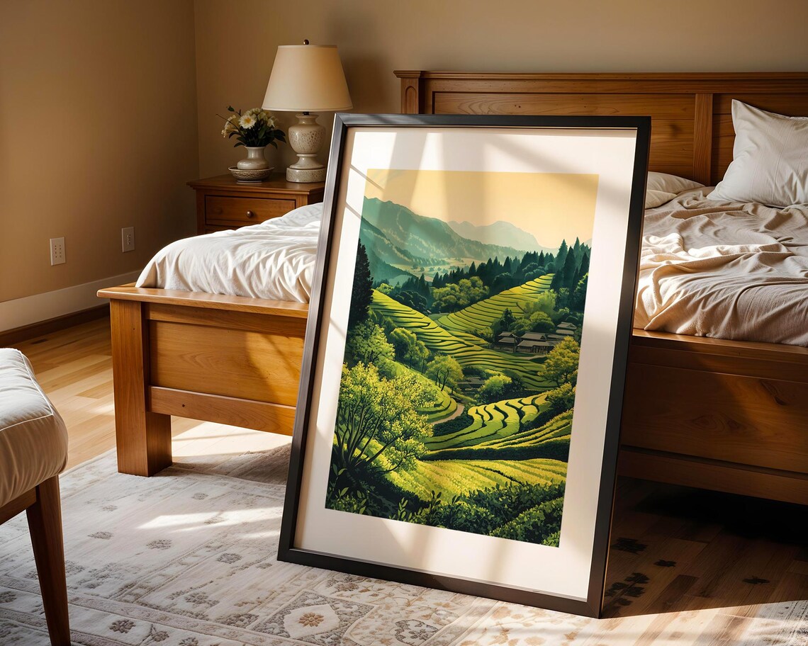 Lush Green Rice Terraces Sunny Valley Farmhouses Landscape Poster - Image 4