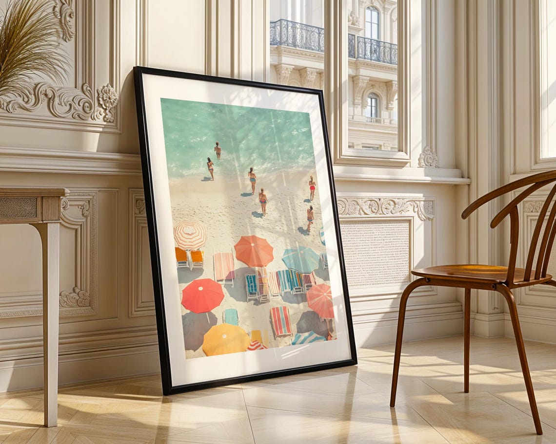 Minimalist Beach Aerial Pastel Umbrellas Swimmers Summer Ocean Poster - Image 3