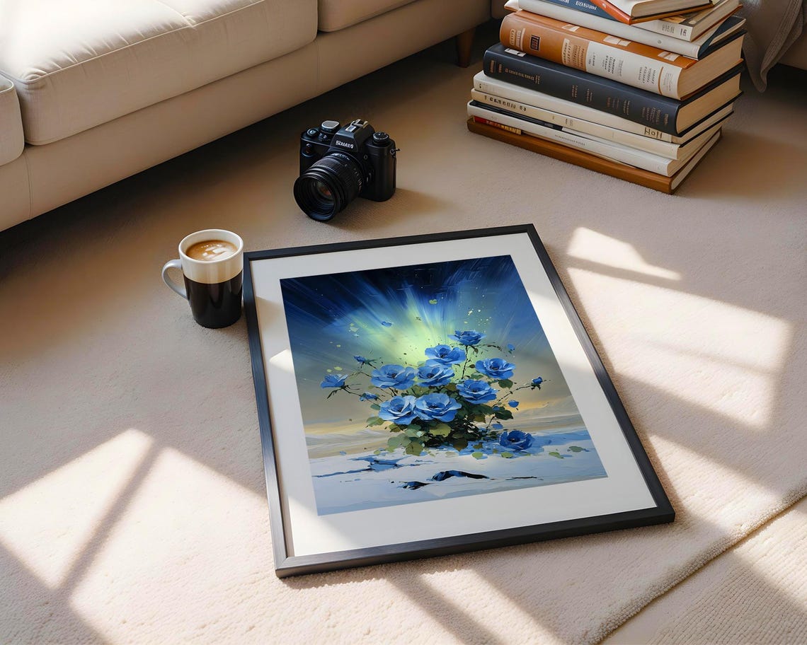 Blue Roses Snowy Night Aurora Borealis Winter Oil Painting Poster - Image 5
