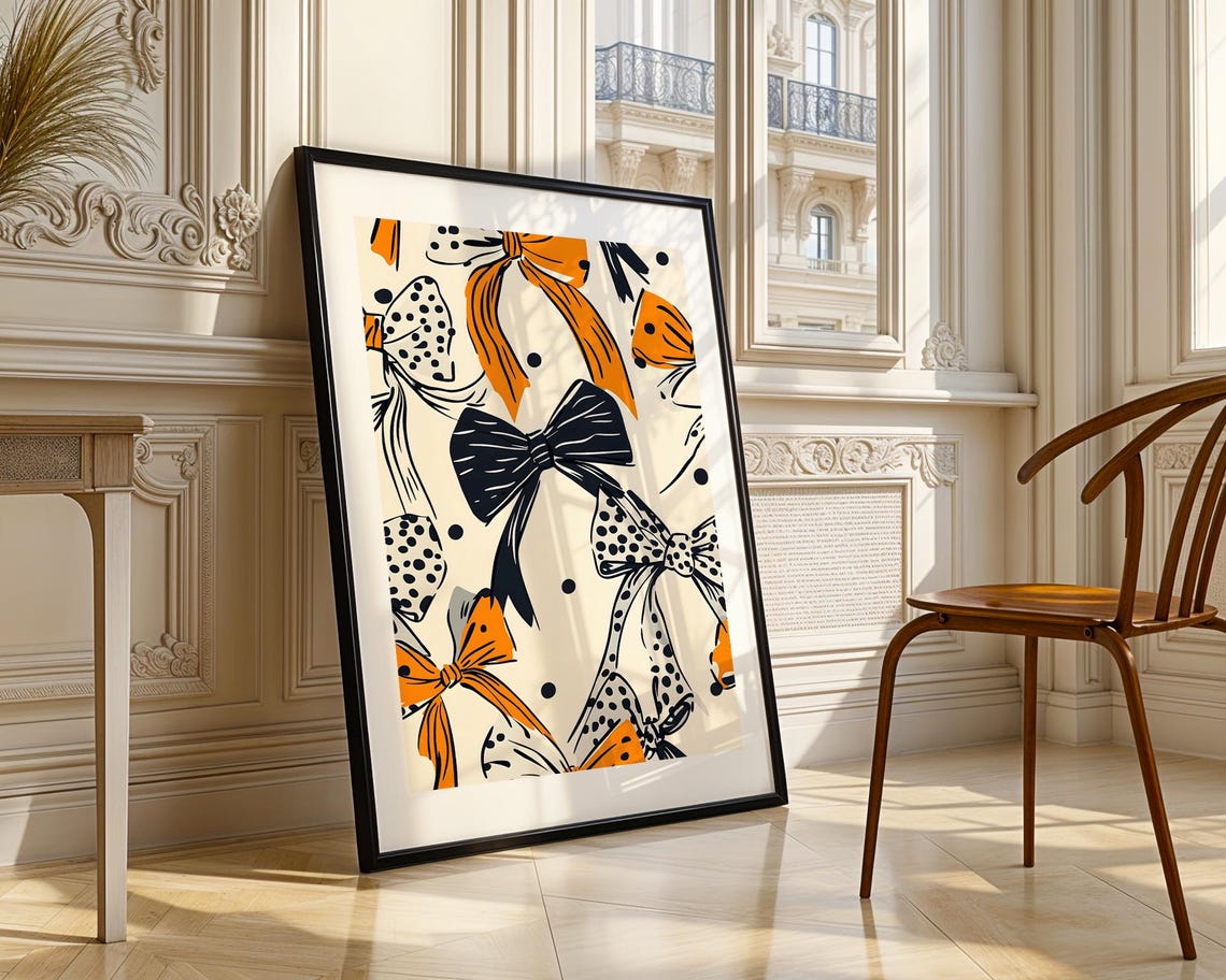 Retro Bow Pattern Orange Navy Polka Dot Vintage Girly Wall Art - Image 4