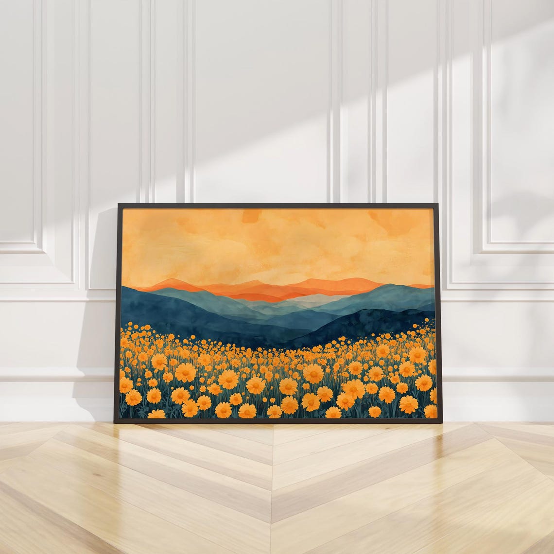 Orange Marigold Flower Field Blue Mountains Sunset Landscape Poster