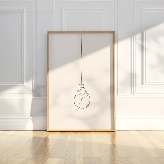 Minimalist One Line Light Bulb Wall Art Print Modern Simple Black White Home Decor Office Studio Hanging Drawing Contemporary Gift
