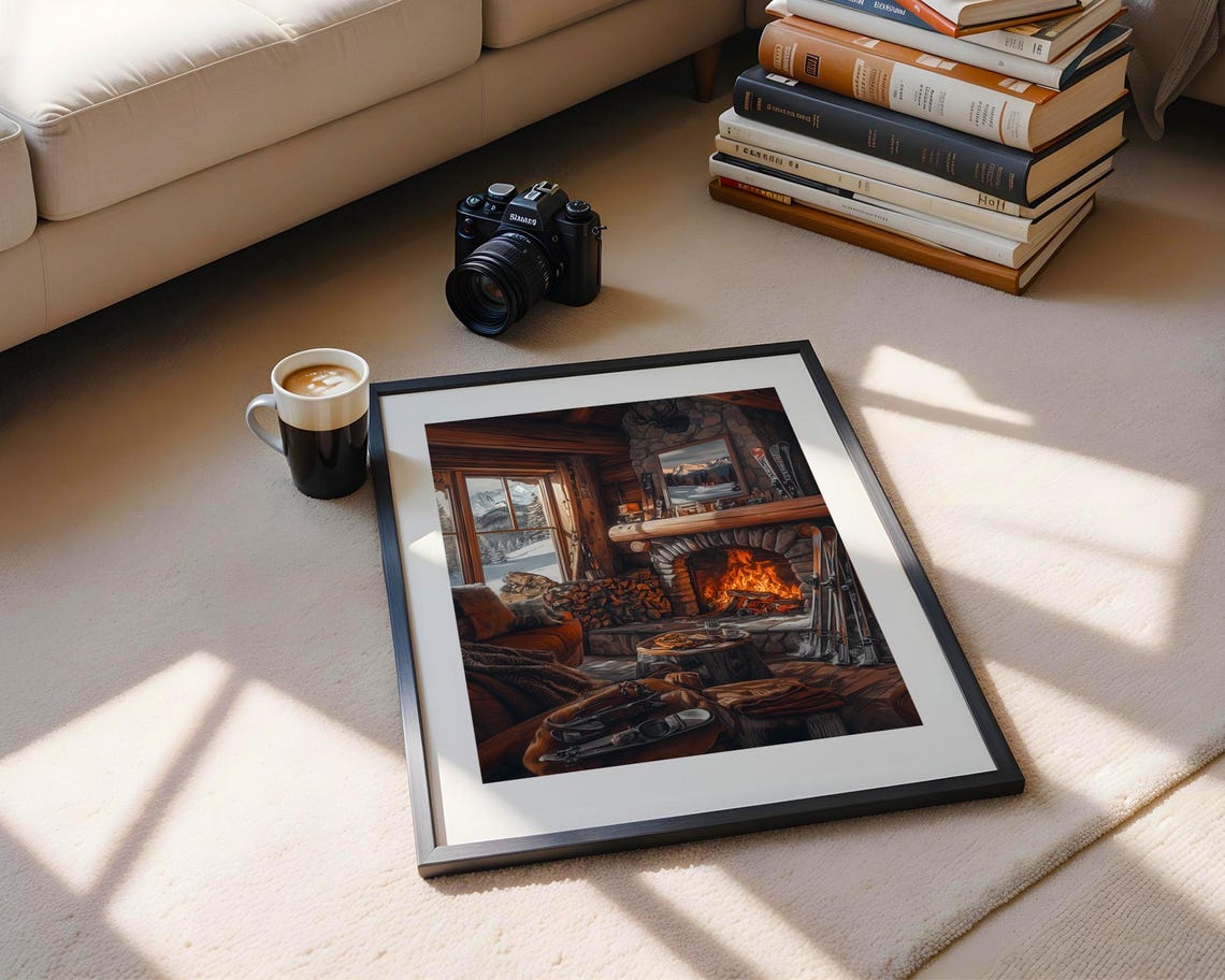 Cozy Winter Ski Cabin Fireplace Mountain View Illustration Poster - Image 5
