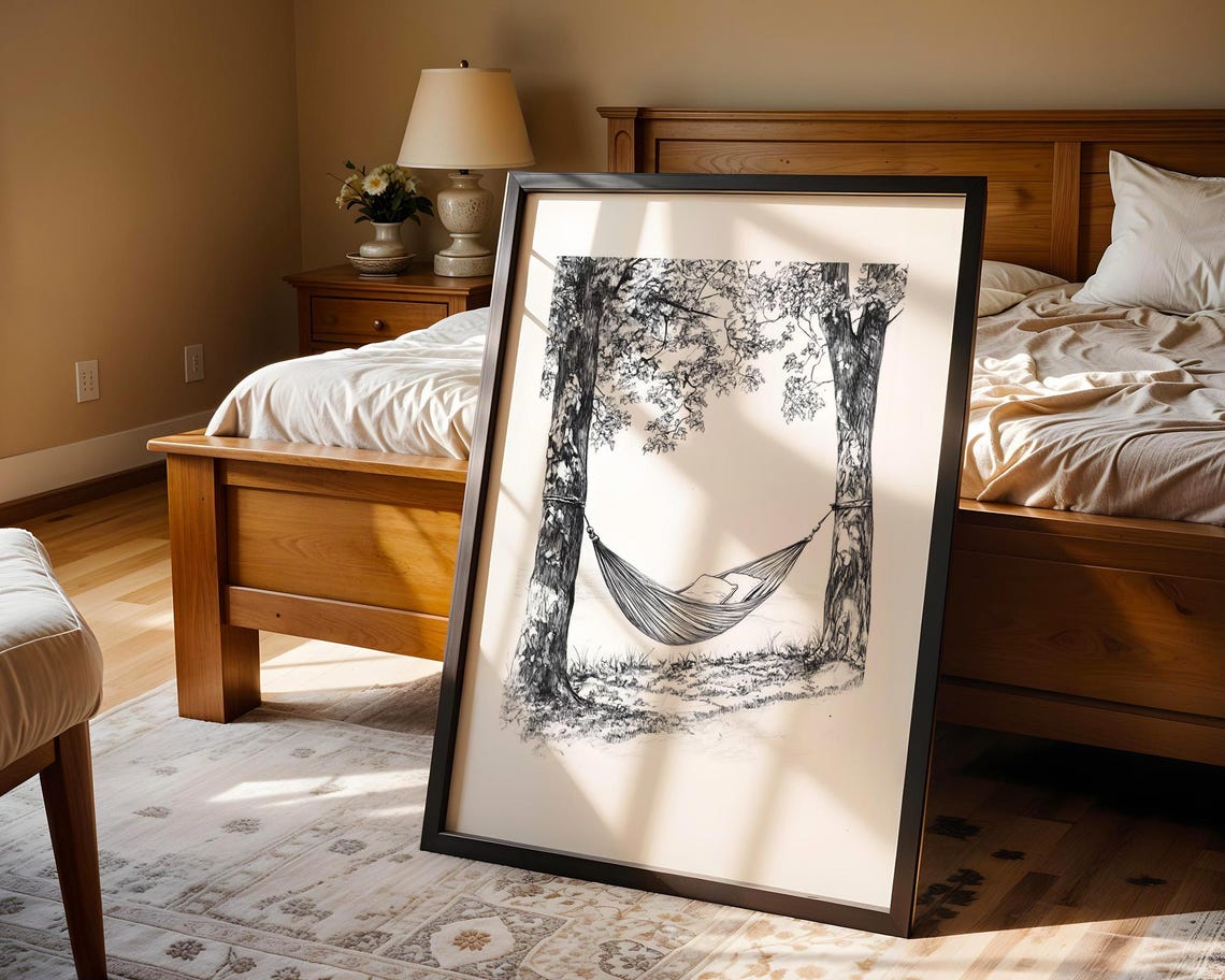 Hammock Between Two Trees Monochrome Sketch Relaxing Nature Art Poster - Image 4