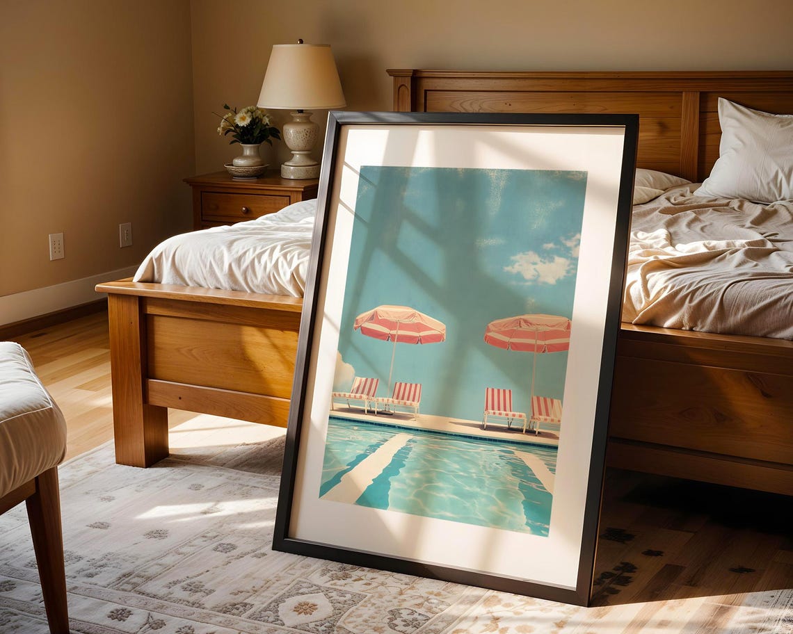 Retro Poolside Scene Striped Umbrellas Turquoise Summer Poster - Image 4