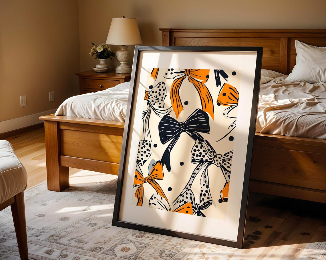 Retro Bow Pattern Orange Navy Polka Dot Vintage Girly Wall Art - Image 5