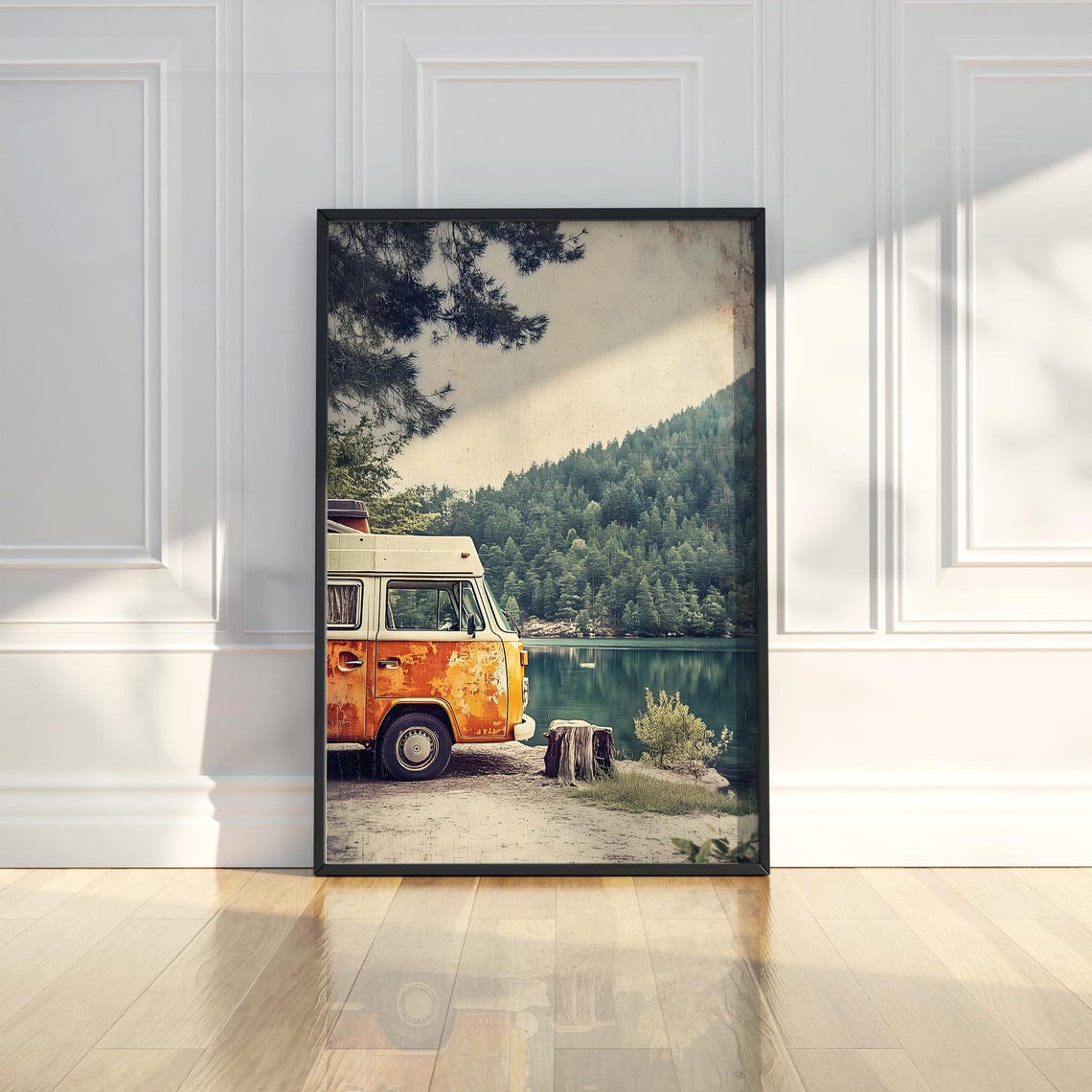 Vintage Camper Van Lakeside Mountain Travel Road Trip Poster