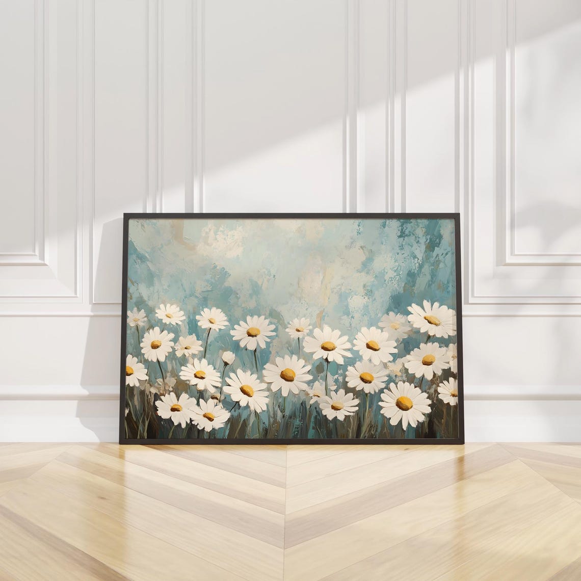 White Daisies Teal Blue Background Impressionist Floral Poster