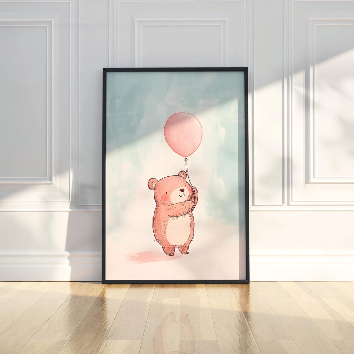 Cute Pink Bear Holding Pink Balloon Nursery Watercolor Art Poster