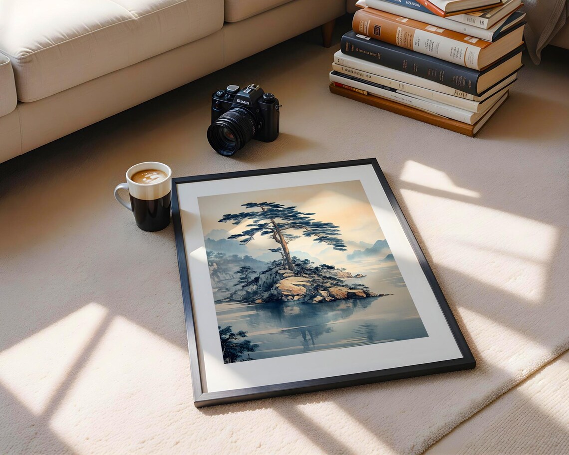 Lone Pine Tree on Rocky Island Japanese Ink Wash Painting Poster - Image 5