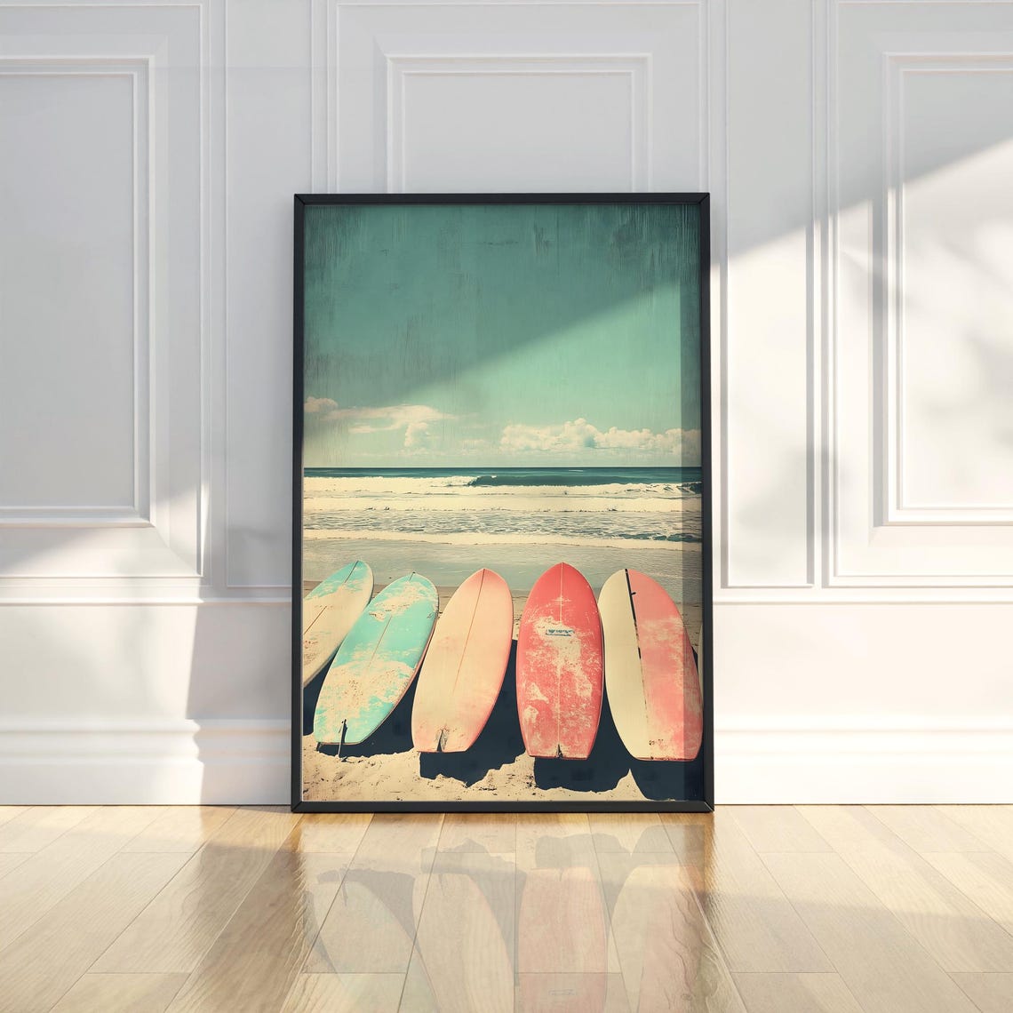 Vintage Surfboards On Beach Retro Coastal Surfing Art Poster