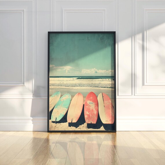 Vintage Surfboards On Beach Retro Coastal Surfing Art Poster