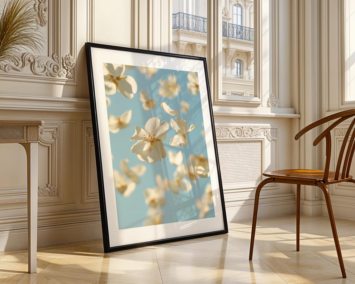 Dreamy White Spring Blossom Flowers Floating in Blue Sky Poster - Image 3
