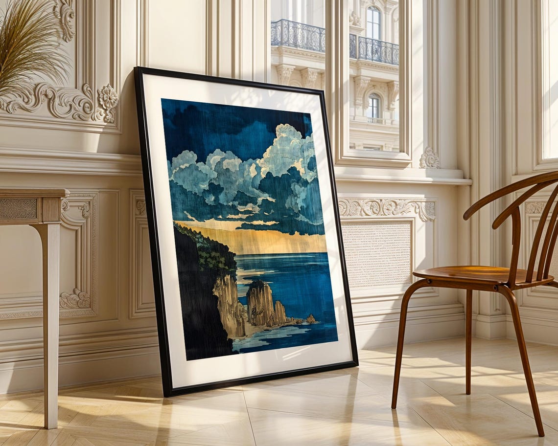 Stormy Ocean Cliffs Dramatic Seascape Woodblock Style Art Poster - Image 3
