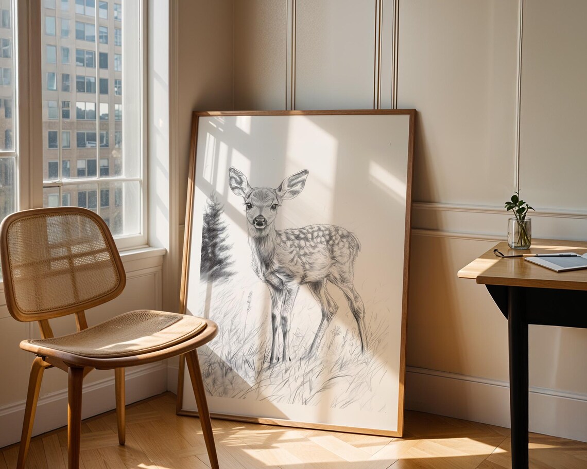 Adorable Baby Deer Fawn Pencil Sketch Soft Wildlife Nursery Poster - Image 3