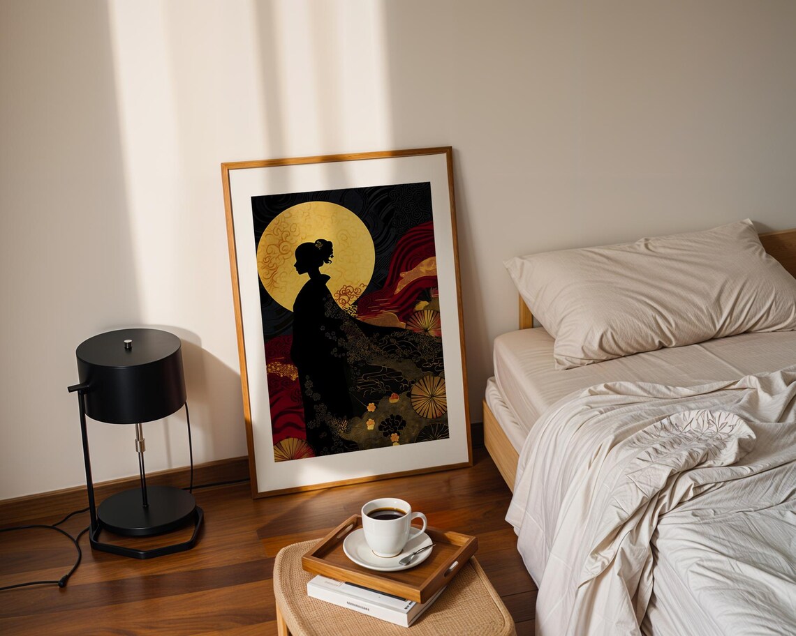 Japanese Kimono Woman Silhouette Golden Moon Black Gold Art Poster - Image 2