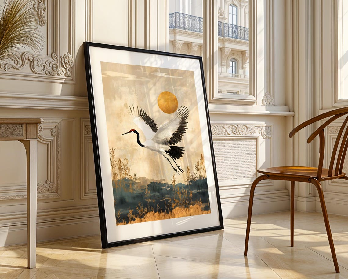 Elegant Crane Flying Beneath Golden Sun Asian Inspired Art Poster - Image 3
