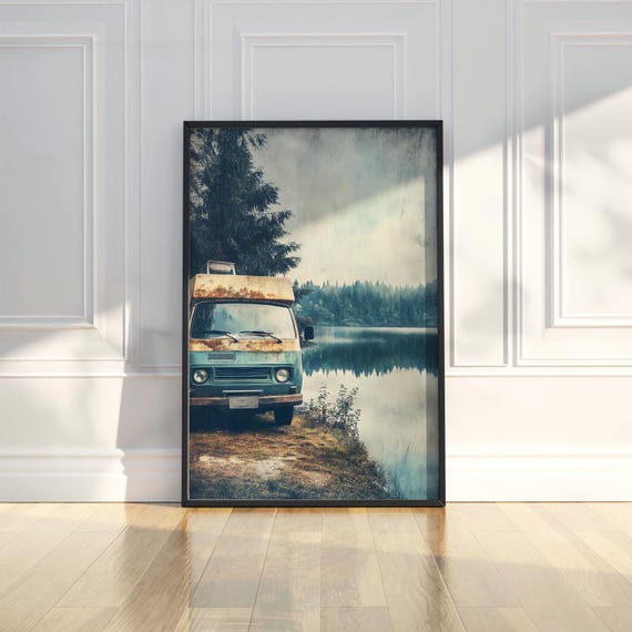 Vintage Retro Bus Camping Trip River Travel Painting Poster Wall Art Print Modern Home Room Decor Artwork Gift