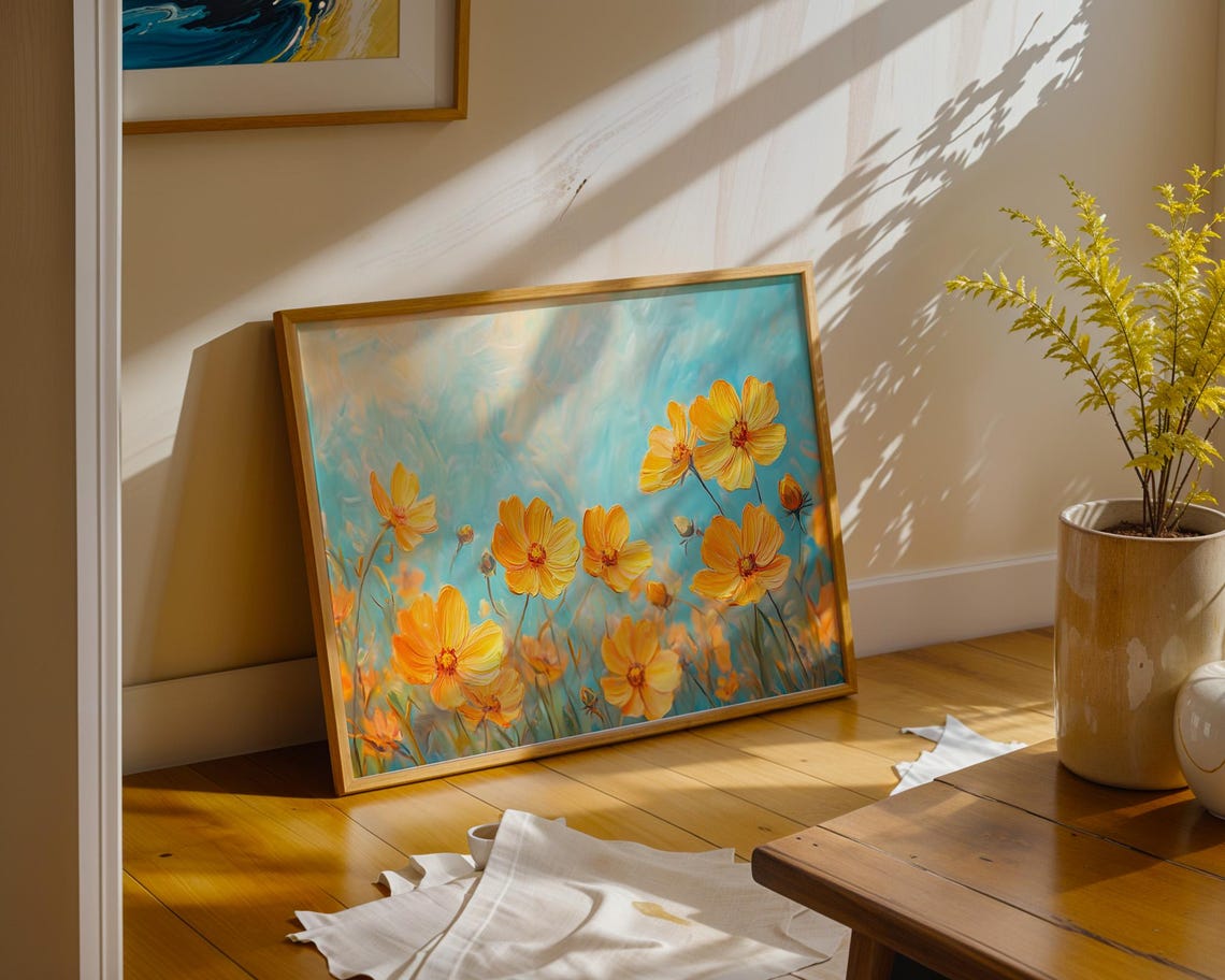 Golden Yellow Cosmos Flowers Teal Background Floral Art Poster - Image 3