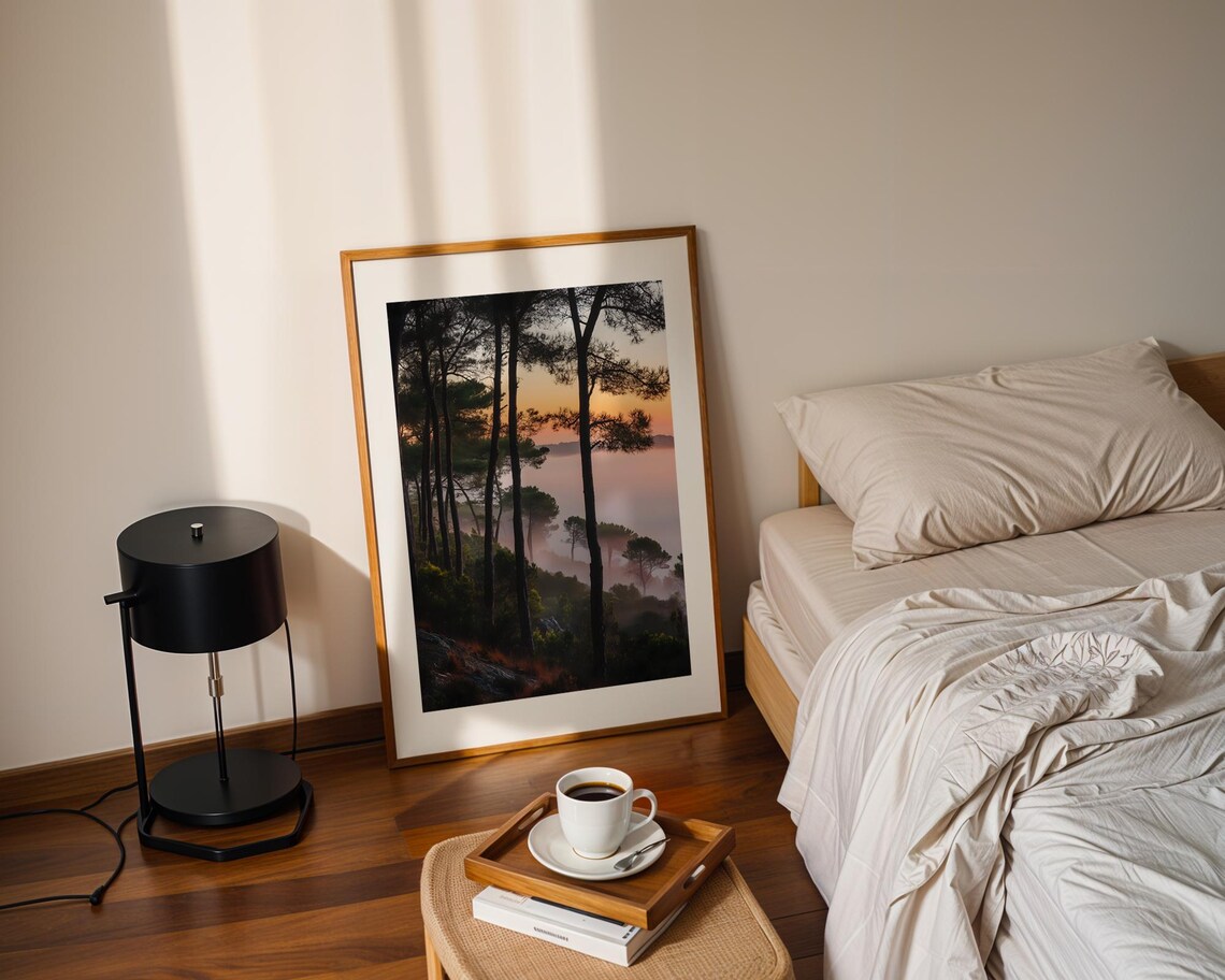 Atmospheric Misty Pine Forest Sunrise Foggy Valley Landscape Poster - Image 2