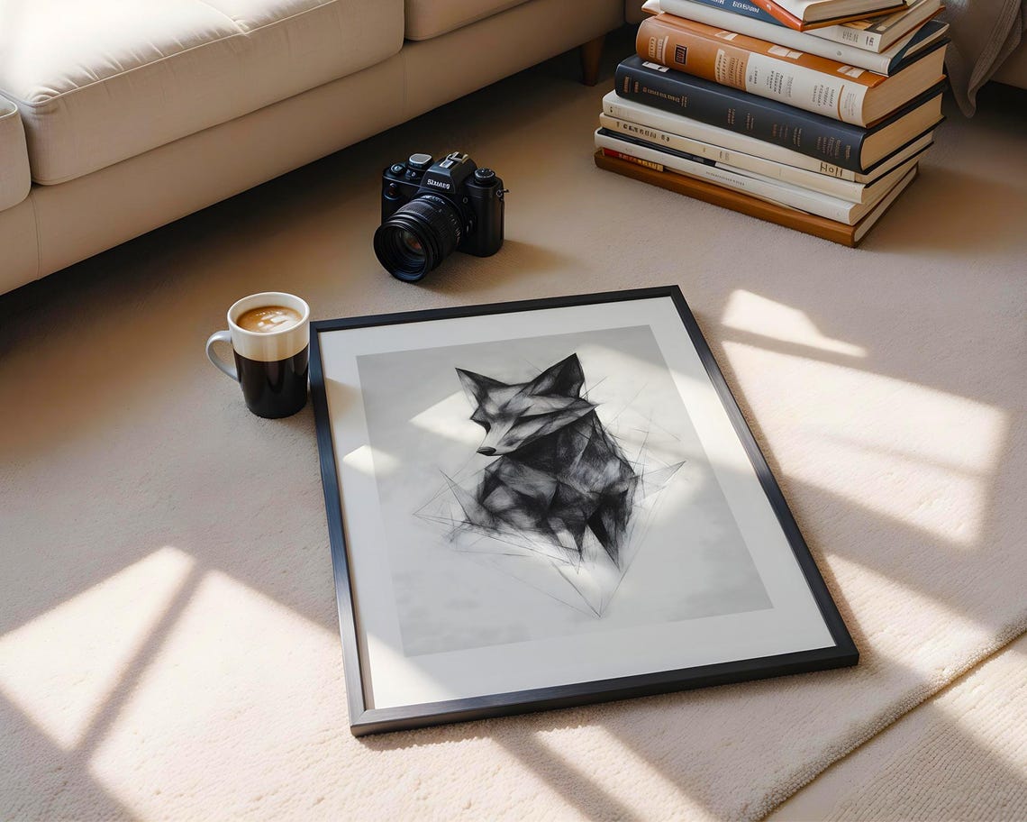 Geometric Fox Profile Black Ink Wildlife Animal Drawing Wall Art - Image 6