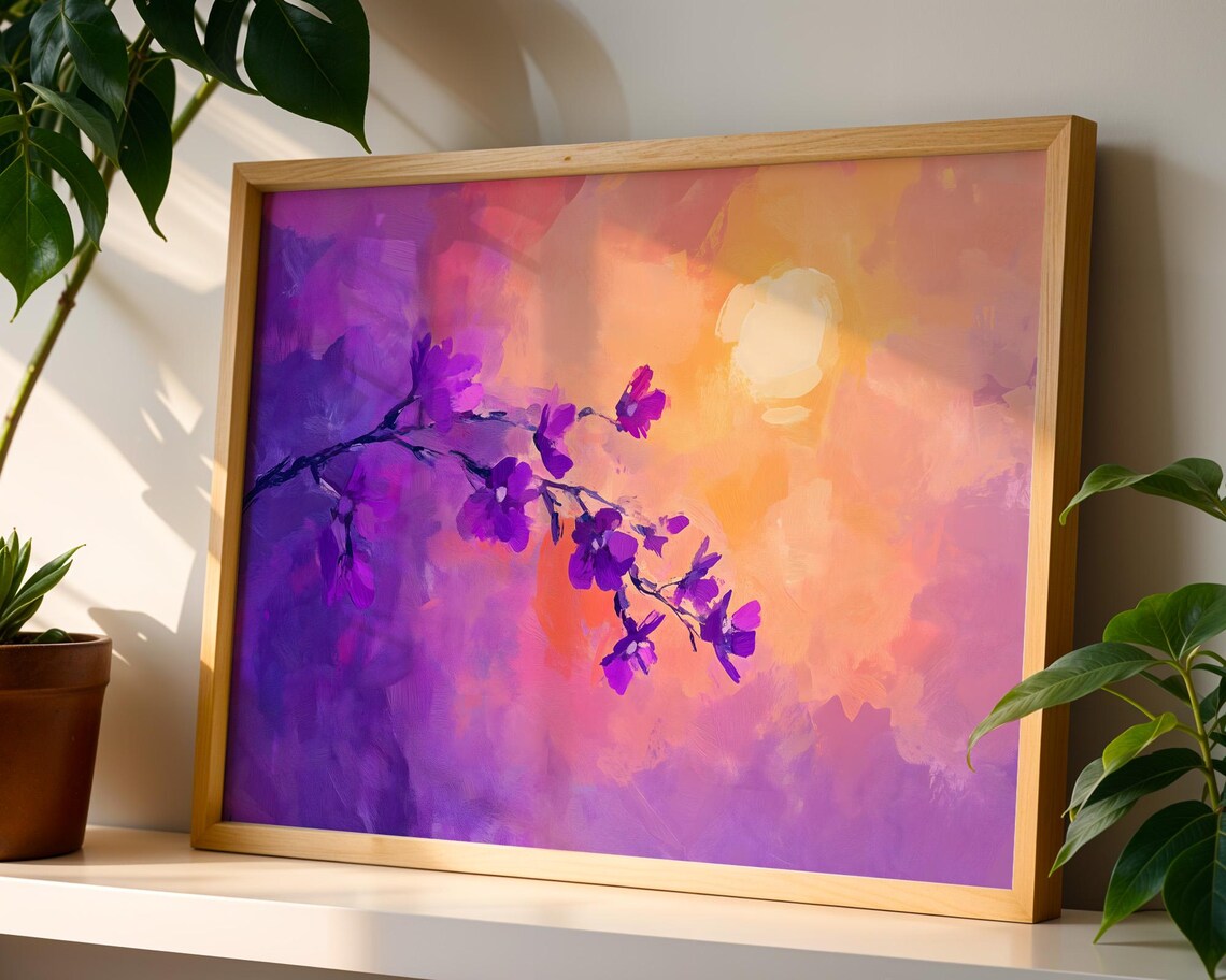 Abstract Purple Flower Sun Wall Art Print Oil Painting Vibrant Floral Botanical Nature Dreamy Modern Home Decor Living Room Bedroom Office - Image 3