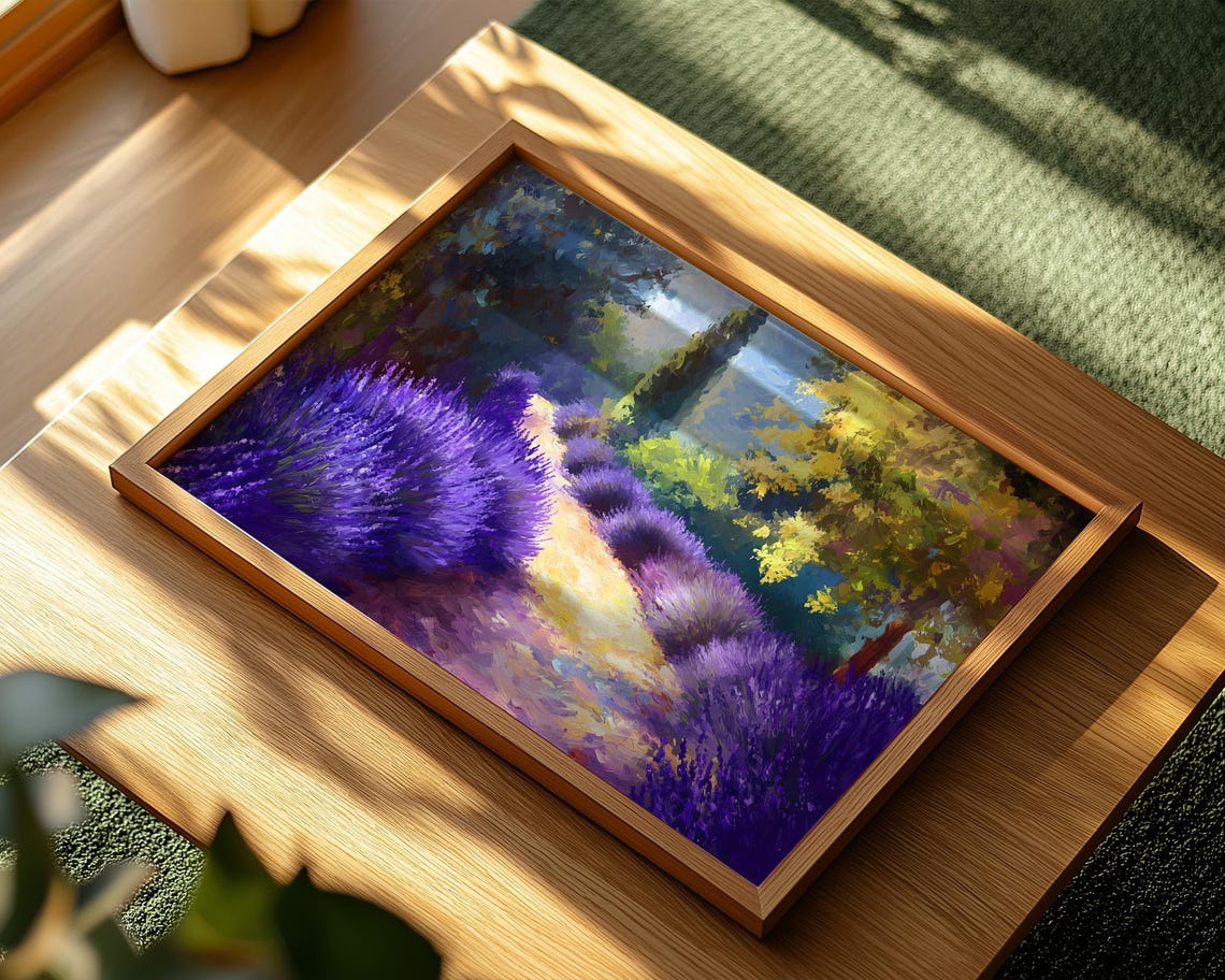Sunlit Lavender Garden Path Trees Summer Landscape Art Print - Image 2