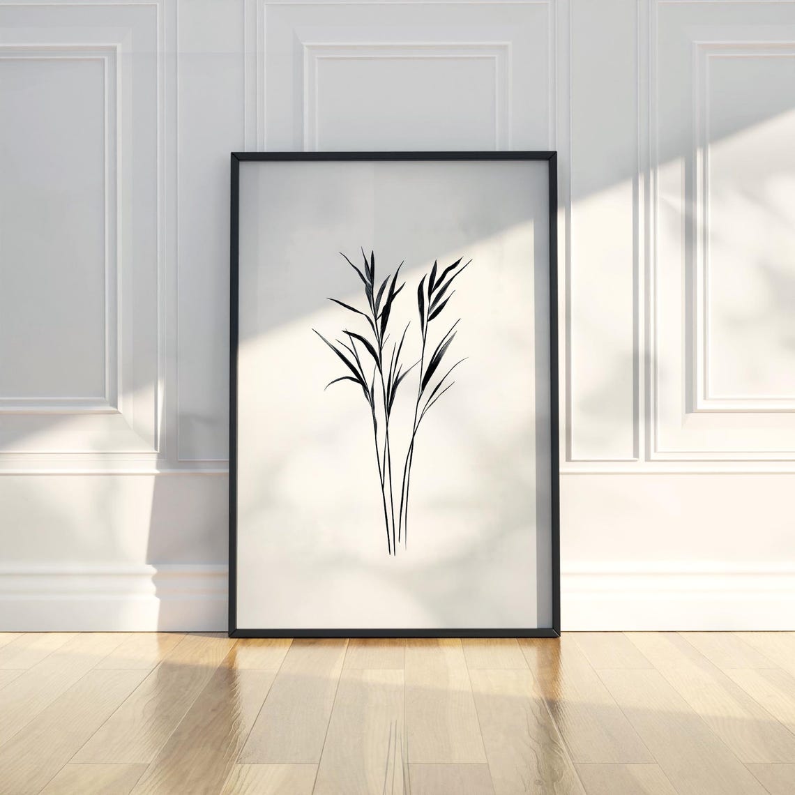 Minimalist Black Reed Grass Stems Botanical Ink Line Art Wall Poster