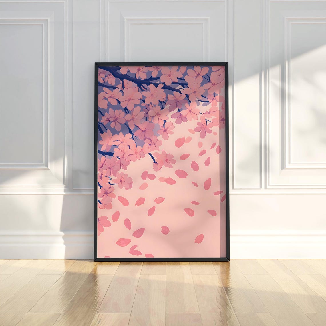 Pink Cherry Blossom Branch Art Poster with Falling Sakura Petals