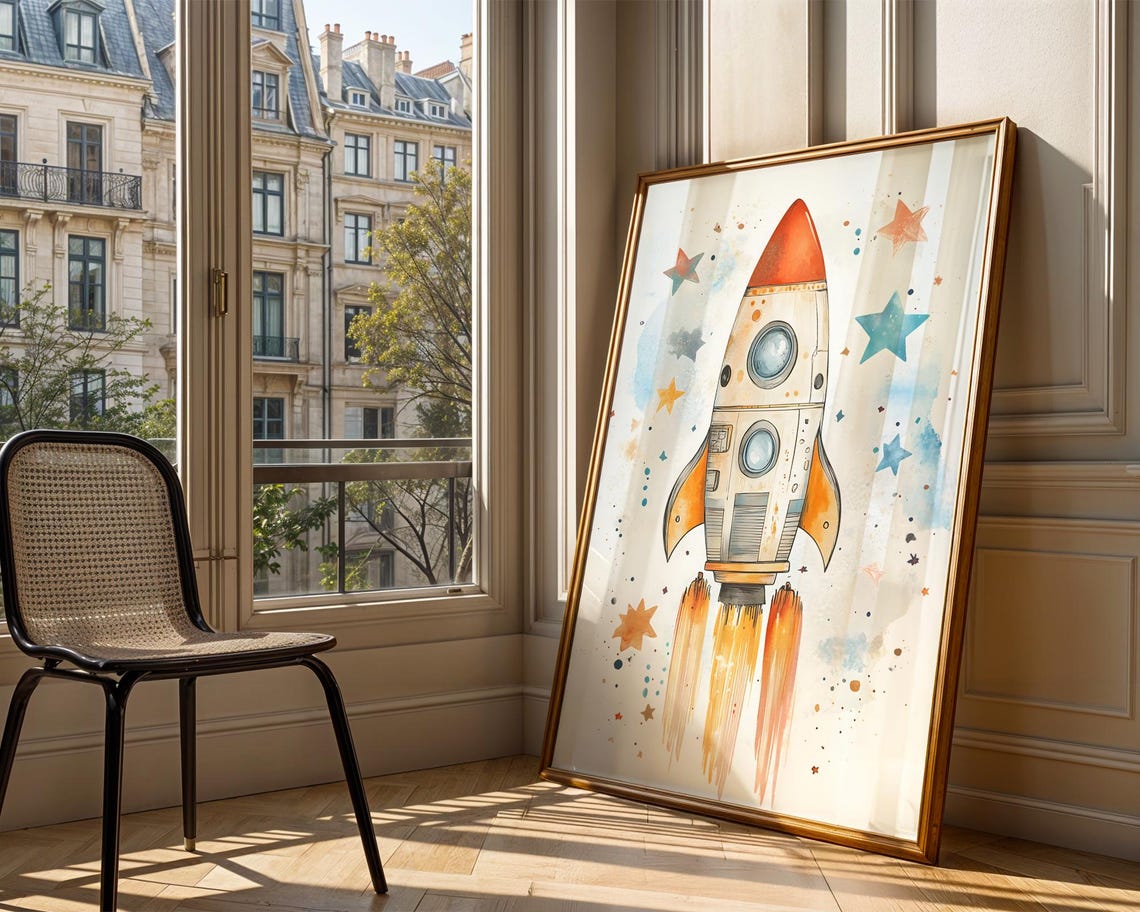 Watercolor Rocket Ship Space Adventure Wall Art Print Room Decor Prints Trendy Poster Nursery Gift - Image 3