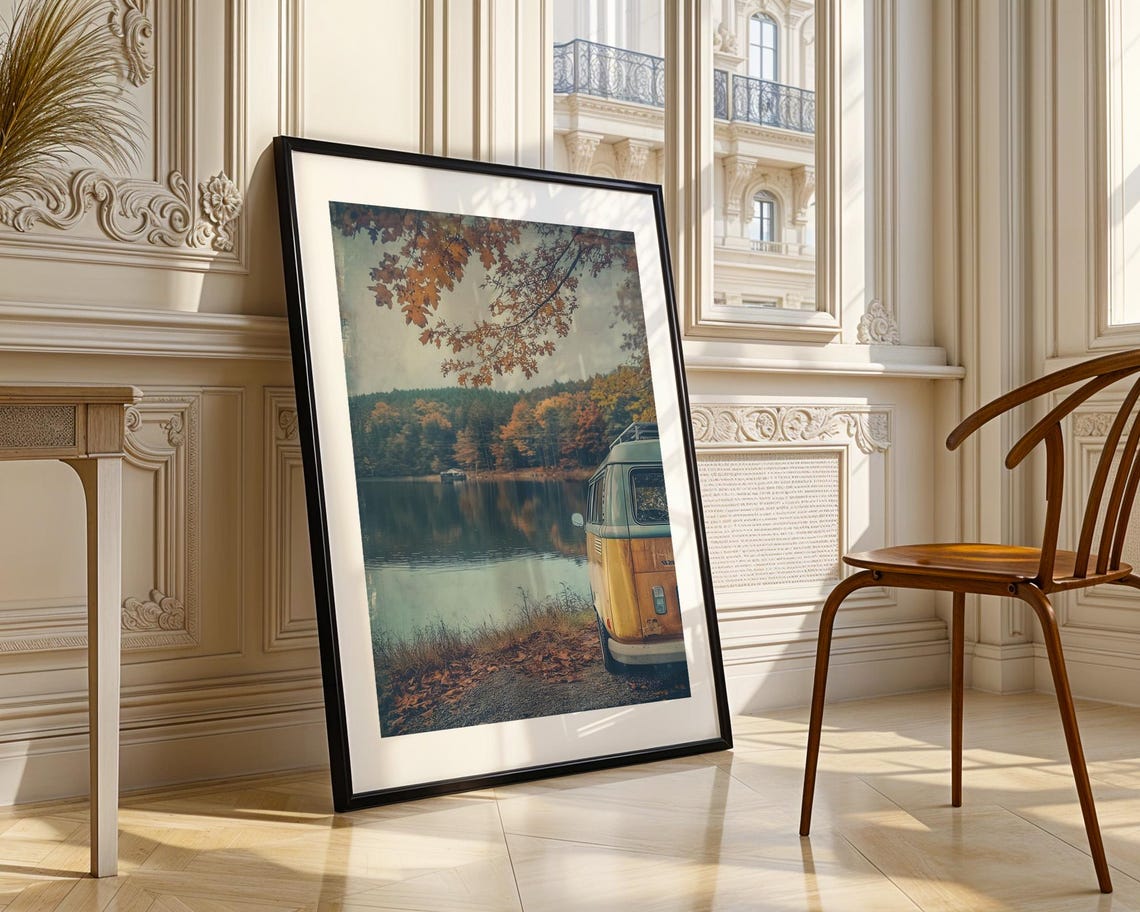 Retro Camper Van Autumn Lake Fall Foliage Vintage Travel Poster - Image 3