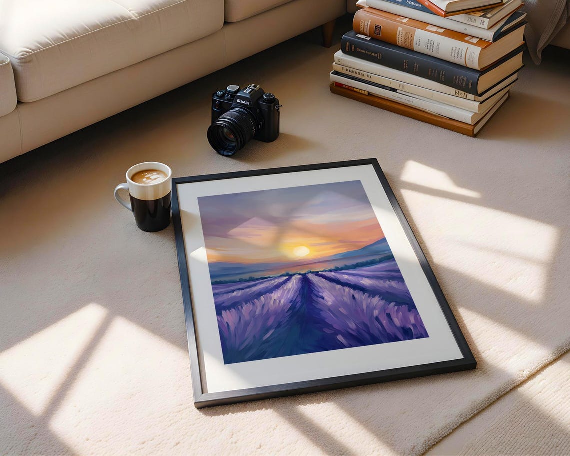 Golden Sunset Over Endless Lavender Field Rows Impressionist Poster - Image 5