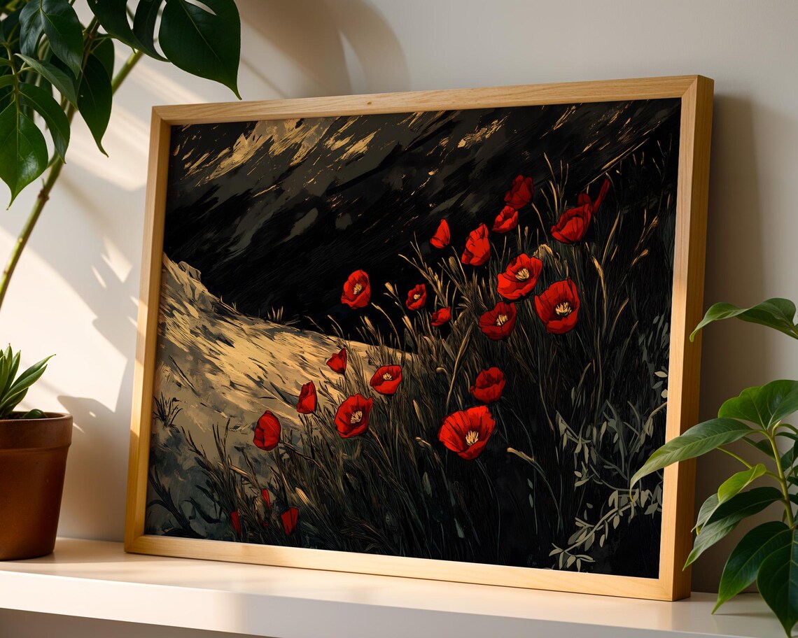 Moody Red Poppies On Dark Background Dramatic Floral Painting Poster - Image 5