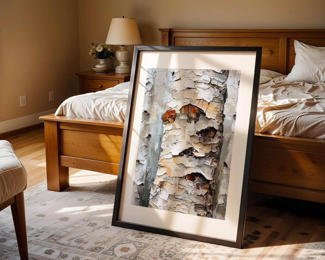 White Birch Bark Abstract Textured Impasto Modern Oil Painting Poster - Image 4