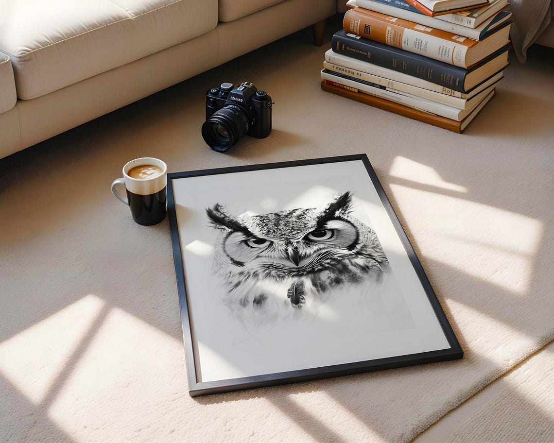 Detailed Great Horned Owl Portrait Monochrome Wildlife Sketch Poster - Image 5