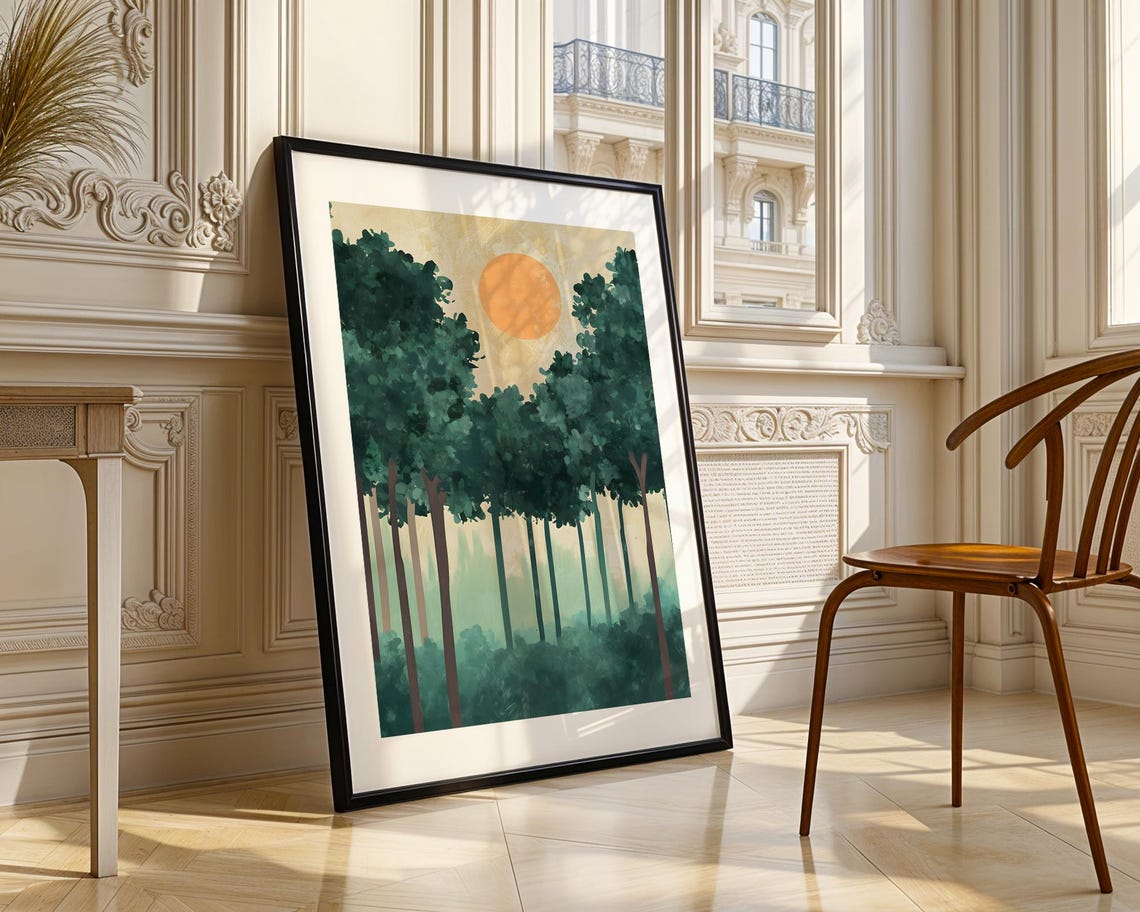 Green Forest Orange Sun Minimalist Watercolor Landscape Art Poster - Image 4