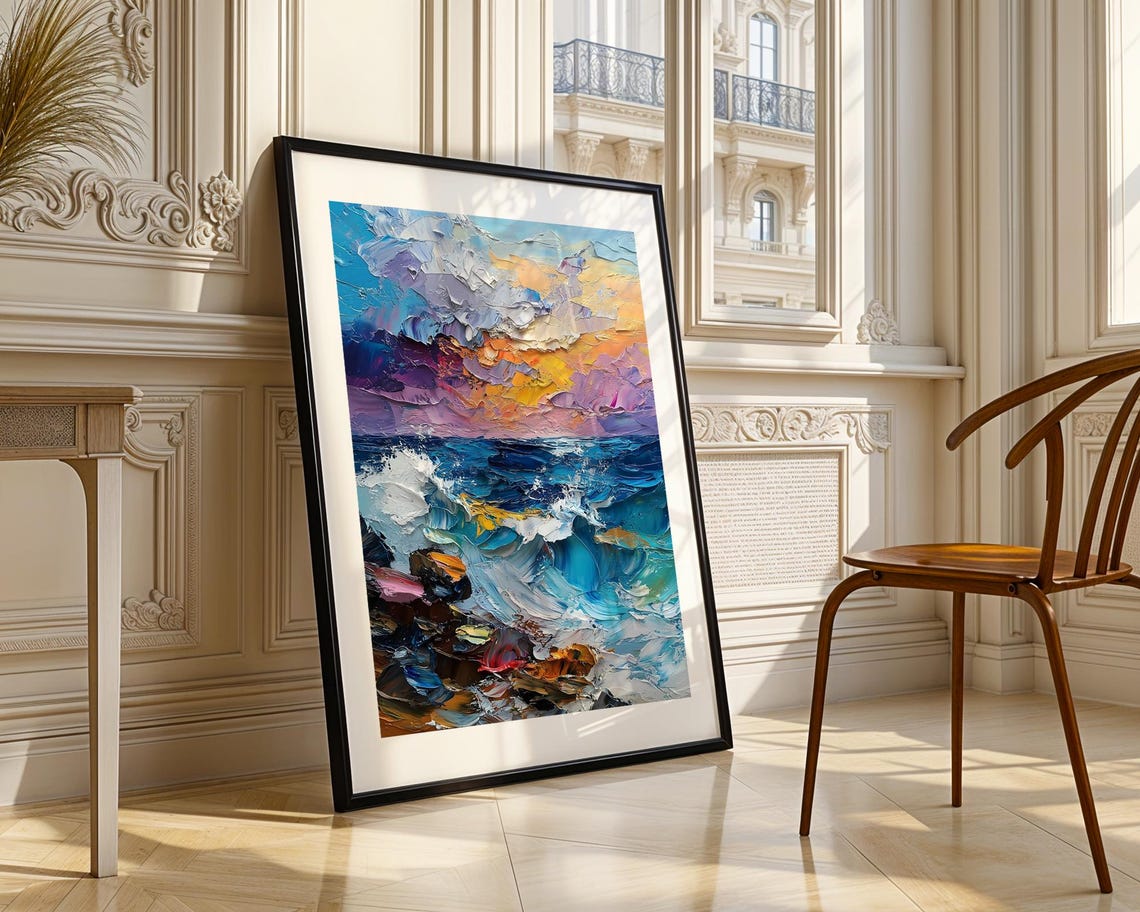 Ocean Sunset Waves Crashing Rocks Impasto Coastal Painting Poster - Image 3