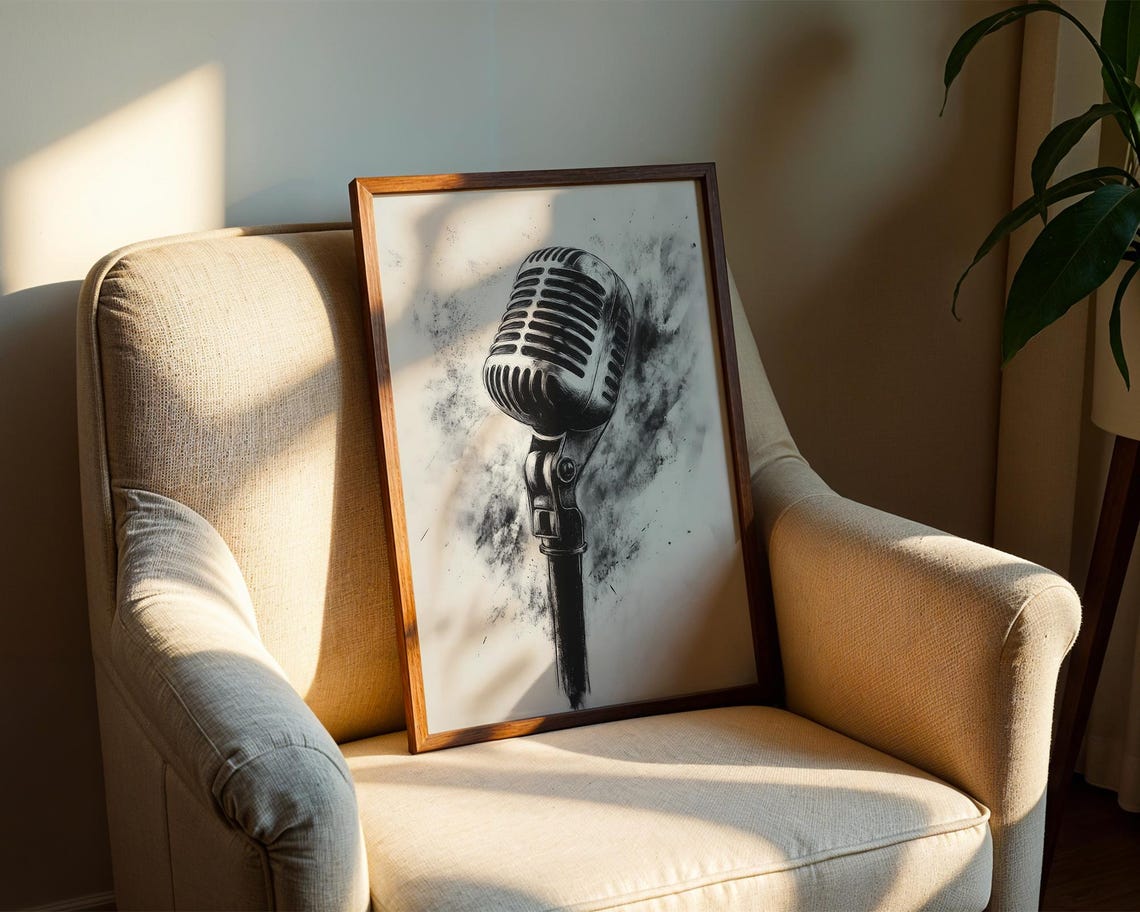 Classic Vintage Microphone Black Charcoal Splatter Music Art Poster - Image 2