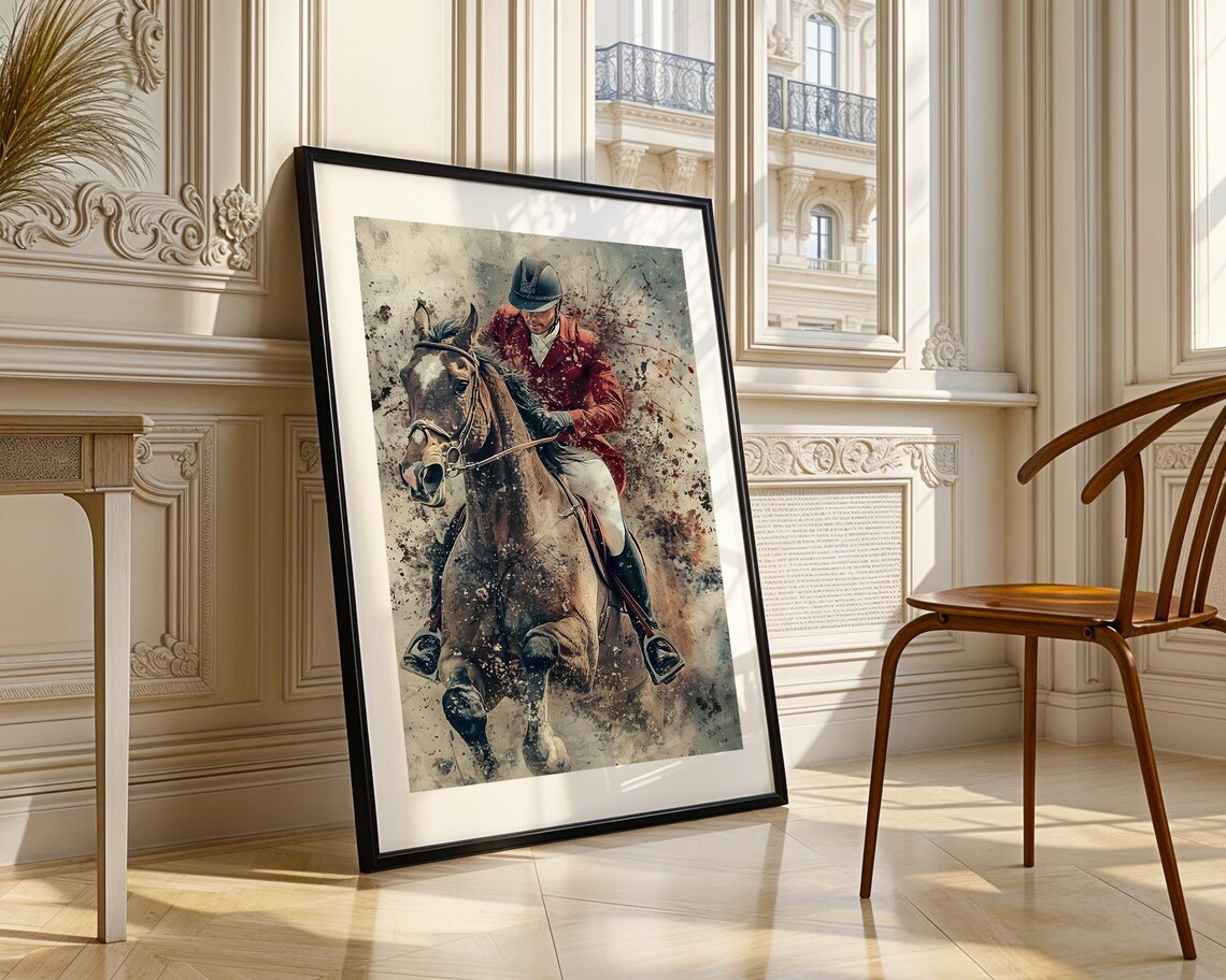 Equestrian Rider Red Coat Galloping Horse Watercolor Sports Poster