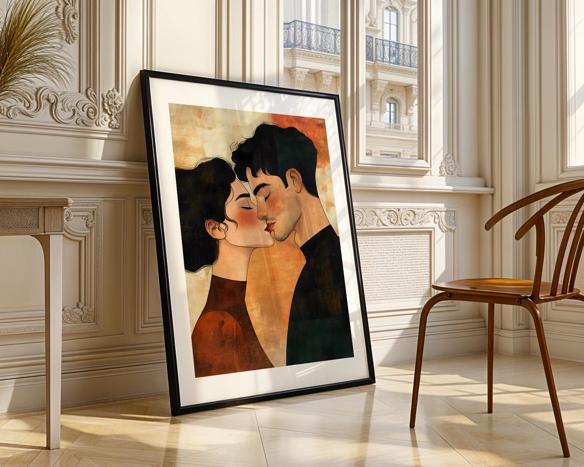 Romantic Couple Kiss Warm Orange Stylized Love Illustration Poster - Image 3