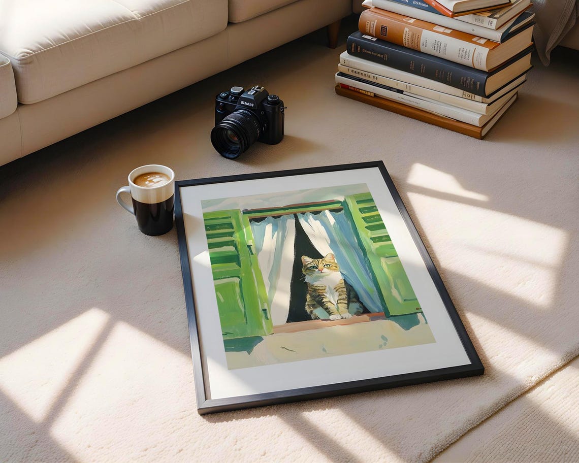 Tabby Cat Window Green Shutters Sunlit Pet Portrait Art Print - Image 5